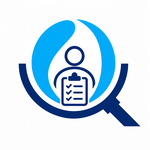 A blue magnifying glass surrounds a stylized person holding a clipboard with checkmarks, set against a circular blue and white abstract background.