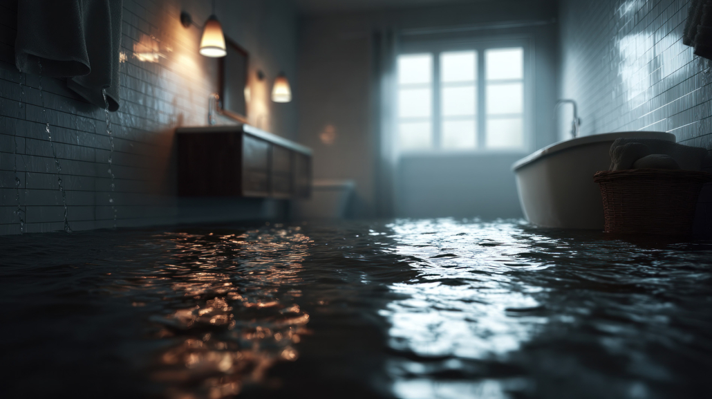 A bathroom flooded with water, reflecting light from wall lamps. A bathtub and sink are visible, and water covers the tile floor, creating a glossy, rippling surface across the room.
